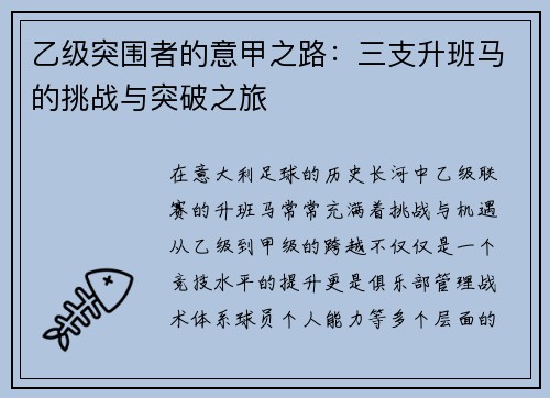 乙级突围者的意甲之路：三支升班马的挑战与突破之旅