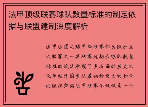 法甲顶级联赛球队数量标准的制定依据与联盟建制深度解析
